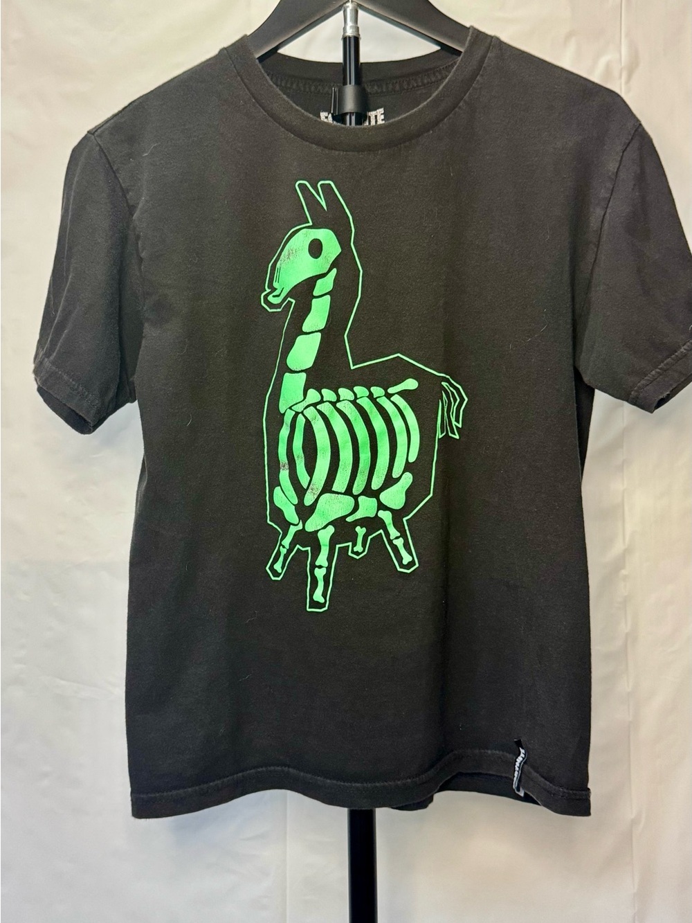 Kids Black T‑Shirt with Neon Green Skeleton Llama Graphic
